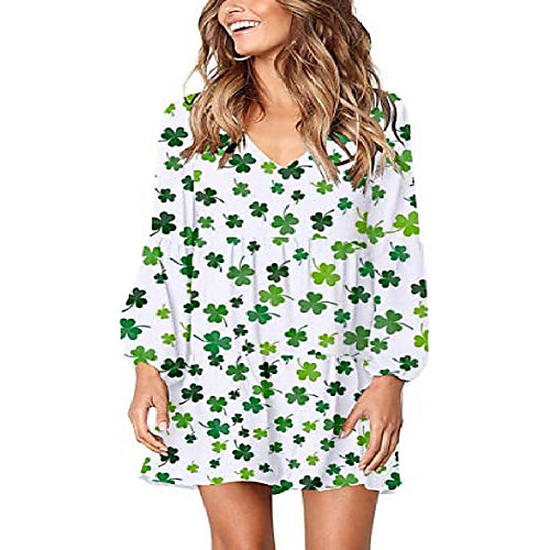 

st. patricks day women's cute shift dress with pockets fully lined bell sleeve ruffle hem v neck loose swing shamrock lucky mini dress (s, white small clover)