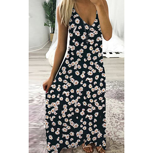

Women's Strap Dress Maxi long Dress Black Yellow Green Sleeveless Floral Print Spring Summer V Neck Casual 2021 S M L XL XXL