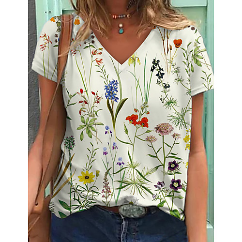 

Women's Floral Theme Painting T shirt Floral Graphic Print V Neck Basic Tops White