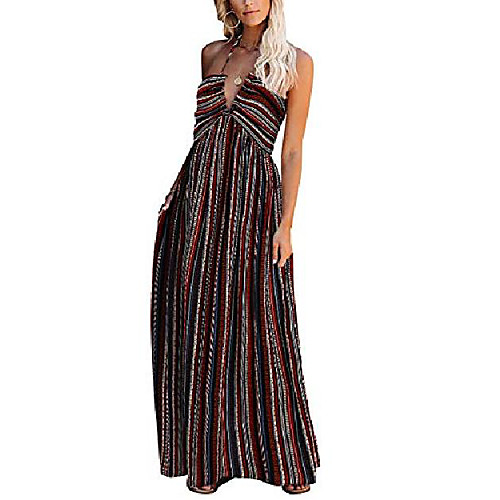 

biubiu women's summer sexy v neck boho halter beach dresses party bowknot blackless maxi dress with pocket (x-large, color stripes)