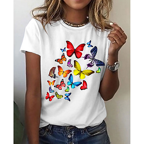 

Women's T shirt Graphic Butterfly Print Round Neck Tops Basic Basic Top White Black