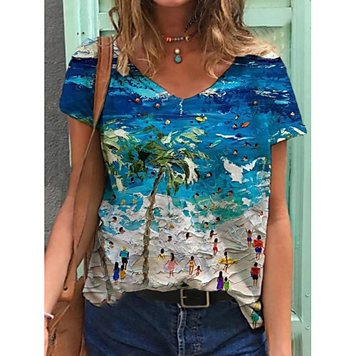 

Women's T shirt Graphic Print V Neck Tops Basic Beach Basic Top Blue Green Light Green