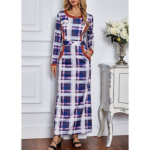 

Women's Shift Dress Maxi long Dress Blue Long Sleeve Check Pocket Patchwork Fall Summer Round Neck Elegant Casual 2021 S M L XL XXL