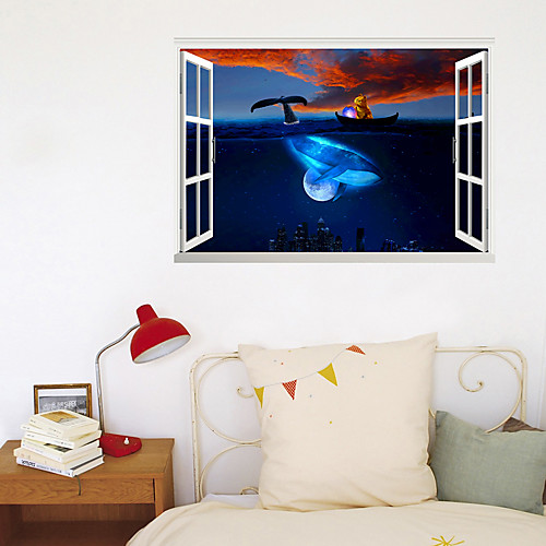 

3D New Fake Window Wall Stickers Dolphin Cat Starry Sky Boat Living Room Bedroom Corridor Decoration Can Be Removed Stickers