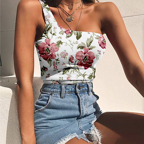 

Women's Tank Top Floral Graphic Print One Shoulder Tops Basic Streetwear Basic Top White Blue Red