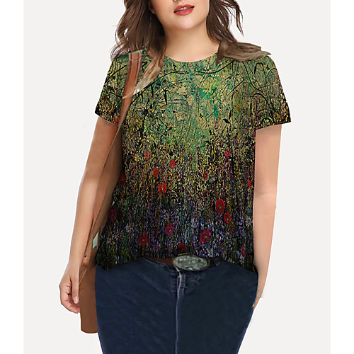 

Women's Plus Size Print Floral Graphic T shirt Large Size Crewneck Short Sleeve Basic Tops XL XXL 3XL Green Big Size