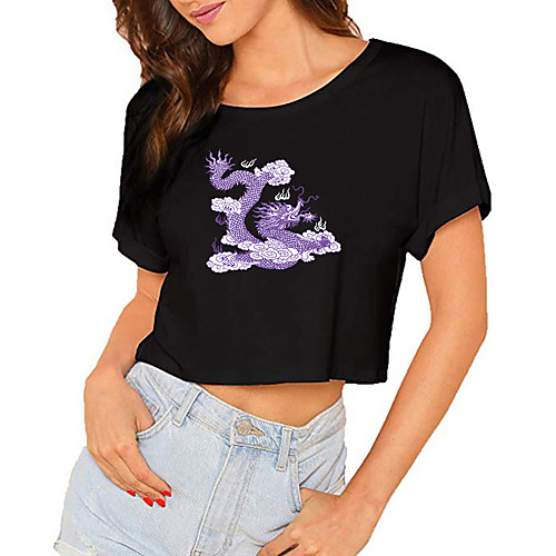 

Women's Crop Tshirt Dragon Graphic Print Round Neck Tops 100% Cotton Basic Basic Top White Black