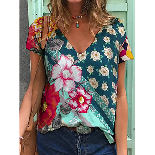 

Women's T shirt Floral Graphic Print V Neck Tops Basic Beach Basic Top Blue Fuchsia Green