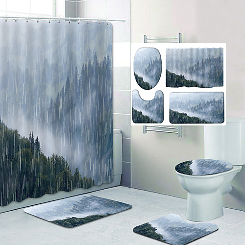 

Big Forest In The Rain Pattern Printing Bathroom Shower Curtain Leisure Toilet Four-Piece Design