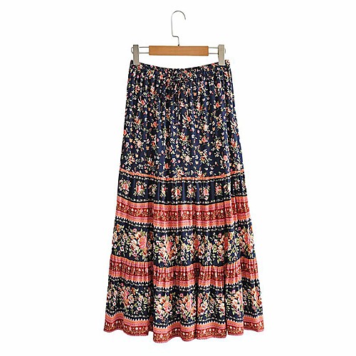 

Women's Holiday Casual / Daily Vintage Boho Skirts Floral Graphic Patchwork Print Navy Blue