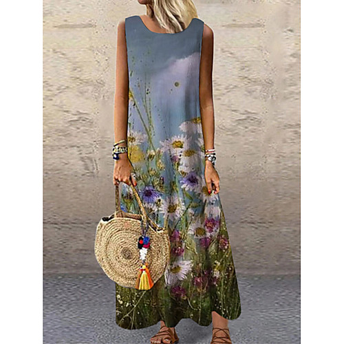 

Women's Shift Dress Maxi long Dress Blue Sleeveless Floral Print Print Spring Summer Round Neck Casual 2021 S M L XL XXL 3XL