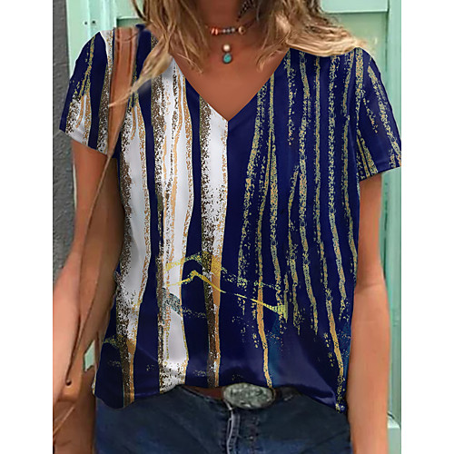 

Women's T shirt Striped Color Block Print V Neck Tops Basic Basic Top Royal Blue