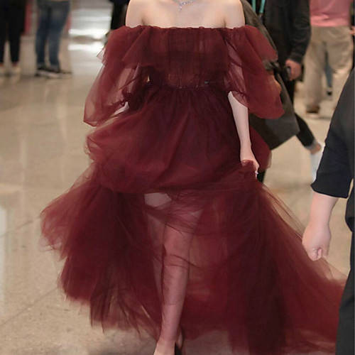 

A-Line Minimalist Elegant Wedding Guest Formal Evening Dress Off Shoulder Half Sleeve Floor Length Tulle with Overskirt 2021