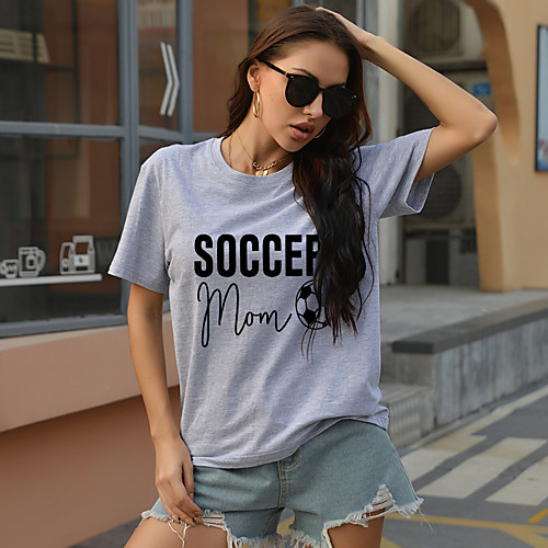

Women's T shirt Text Print Round Neck Tops Cotton Basic Basic Top White Black Blue