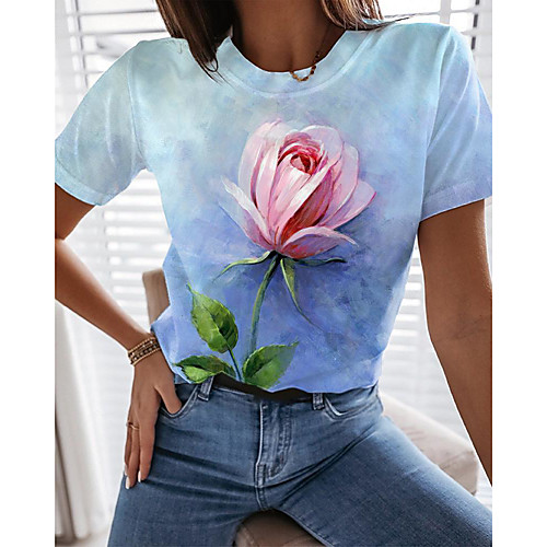 

Women's T shirt Floral Graphic Print Round Neck Tops Basic Basic Top Blue