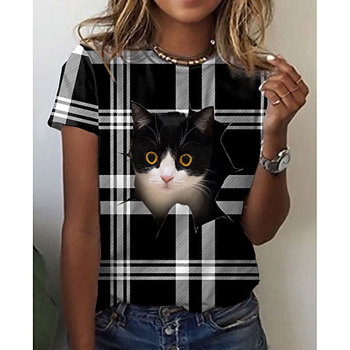 

Women's T shirt Cat Plaid 3D Print Round Neck Tops Basic Basic Top Black