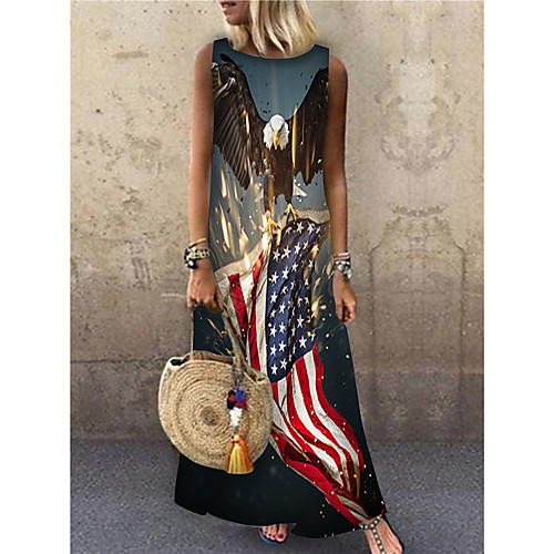 

Women's Shift Dress Maxi long Dress Black Sleeveless Flag Animal Print Spring Summer Round Neck Casual 2021 S M L XL XXL 3XL