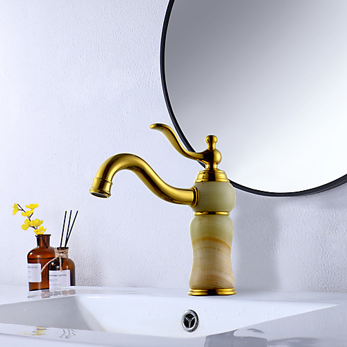 

Bathroom Sink Faucet Luxury Stone Heavy Duty Style Single Handle Type Single Hole Vanity Sink Faucet Deck Mount Lavatory Faucet All Copper / Brass and Natural Jade / Marble Golden Basin Faucet