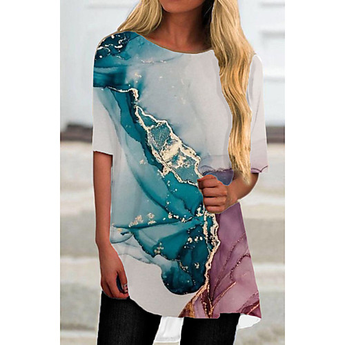 

Women's T Shirt Dress Tee Dress Short Mini Dress Light Blue Half Sleeve Print Color Gradient Print Spring Summer Round Neck Casual 2021 S M L XL XXL 3XL