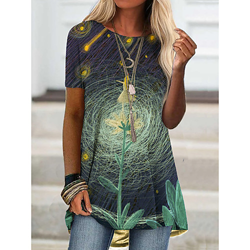 

Women's T shirt Floral Graphic Print Round Neck Tops Basic Basic Top Blue Green