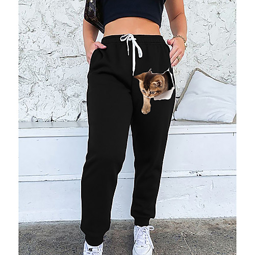 

Women's Streetwear Sweatpants Comfort Going out Weekend Jogger Pants Cat 3D Animal Full Length Elastic Drawstring Design Print Black