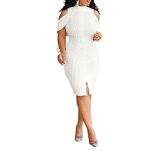 

verwin plus size knee-length bead sleeveless turtleneck women's bodycon dress midi dress 5xl white