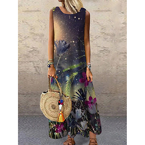 

Women's Shift Dress Maxi long Dress Rainbow Sleeveless Floral Print Print Spring Summer Round Neck Casual 2021 S M L XL XXL 3XL
