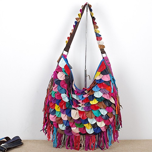 

factory wholesale agent genuine leather sheepskin characteristic soft multi-color pattern tassel bag shoulder messenger female bag black color