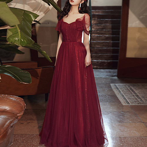 

A-Line Glittering Elegant Engagement Formal Evening Dress V Neck Short Sleeve Floor Length Tulle with Sequin Tassel 2021