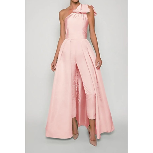 

Jumpsuits Beautiful Back Sexy Engagement Formal Evening Dress One Shoulder Sleeveless Floor Length Stretch Fabric with Bow(s) Pleats Split 2021