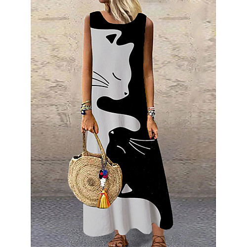

Women's Shift Dress Maxi long Dress Black Sleeveless Cat Animal Print Spring Summer Round Neck Casual 2021 S M L XL XXL 3XL