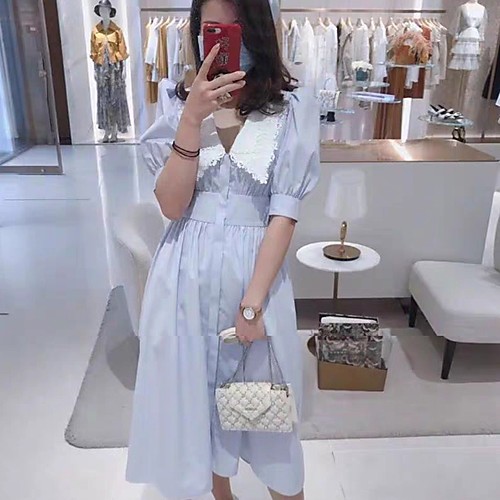 

A-Line Color Block Elegant Holiday Cocktail Party Dress V Neck Half Sleeve Tea Length Jersey with Bow(s) 2021