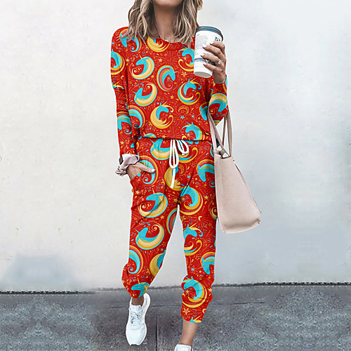 

Women's Streetwear Cinched Print Going out Casual / Daily Two Piece Set Sweatshirt Tracksuit Pant Loungewear Drawstring Print Tops