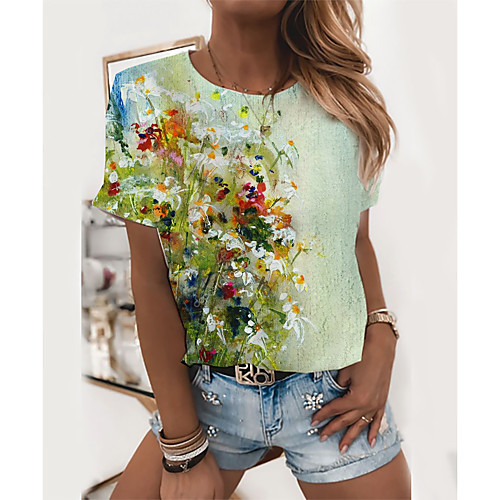 

Women's T shirt Floral Graphic Print Round Neck Tops Basic Basic Top White Blue Red