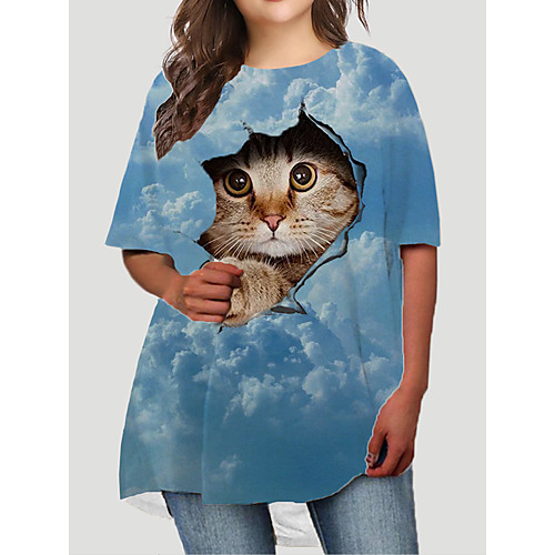 

Women's Plus Size Dresses T Shirt Dress Tee Dress Short Mini Dress Half Sleeve Cat Graphic Animal Print Basic Fall Blue XL XXL 3XL 4XL 5XL / Holiday