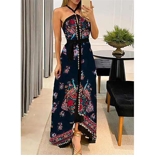 

cross-border new 2021 summer women's printed sleeveless asymmetric leisure holiday halter ethnic style dress