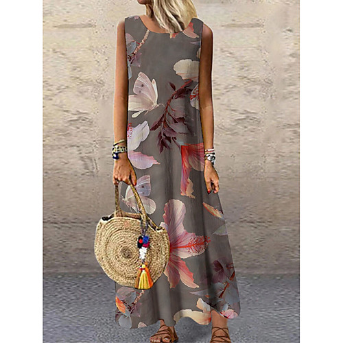 

Women's Shift Dress Maxi long Dress Gray Sleeveless Floral Print Print Spring Summer Round Neck Casual 2021 S M L XL XXL 3XL