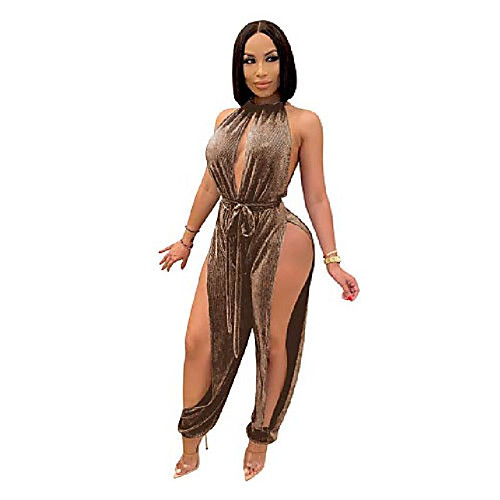 

womens sexy sleeveless halter hollow out lace up high split bodycon one piece jumpsuits rompers playsuit brown