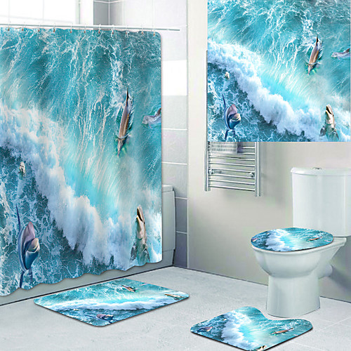 

Beautiful Waves Printed Bathtub Curtain liner Covered with Waterproof Fabric shower Curtain for Bathroom home Decoration with hook floor mat and four-piece Toilet mat