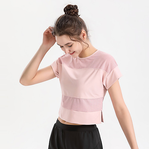 

Women's Crew Neck Yoga Top Crop Top Split Patchwork Solid Color White Black Blue Pink Mesh Spandex Yoga Fitness Gym Workout Tee Tshirt Top Short Sleeve Sport Activewear Quick Dry Breathable