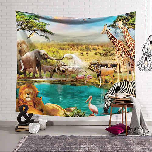

Wall Tapestry Art Decor Blanket Curtain Hanging Home Bedroom Living Room Decoration Polyester Lion Giraffe Elephant Playing in Water Hippopotamus Bathing Flamingo