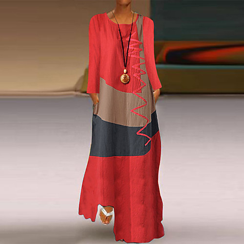 

Women's Swing Dress Maxi long Dress White Red Khaki Gray Long Sleeve Color Block Geometric Spring Summer Casual 2021 S M L XL XXL 3XL 4XL 5XL