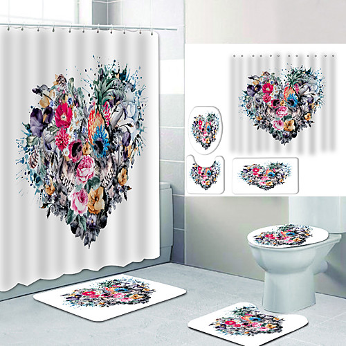

Flower Heart Digital Printing Four-piece Set Shower Curtains and Hooks Modern Polyester Machine Made Waterproof Bathroom