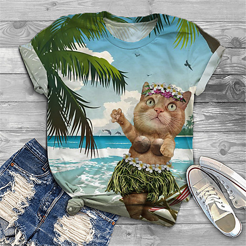

Women's Plus Size Print Cat Graphic Animal T shirt Large Size Crewneck Short Sleeve Basic Tops XL XXL 3XL Green Big Size