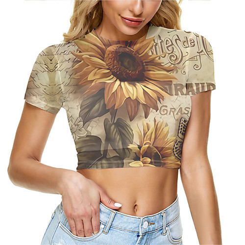 

Women's Crop Tshirt Floral Graphic Mesh Print Round Neck Tops Basic Basic Top White Yellow Khaki