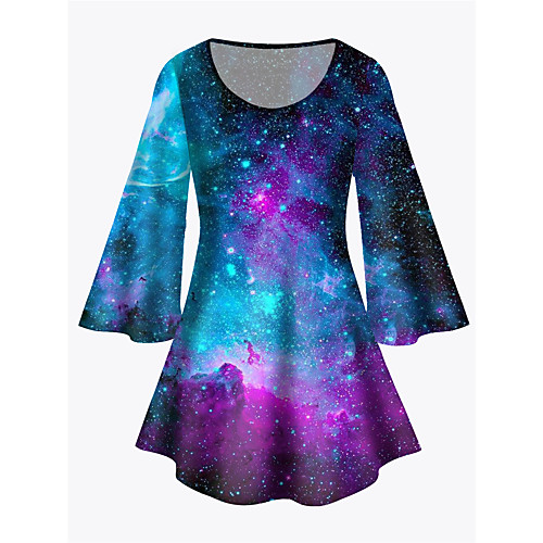 

Women's Plus Size Print Galaxy Graphic Tunic Large Size Crewneck 3/4 Length Sleeve Basic Tops XL XXL 3XL Blue Big Size