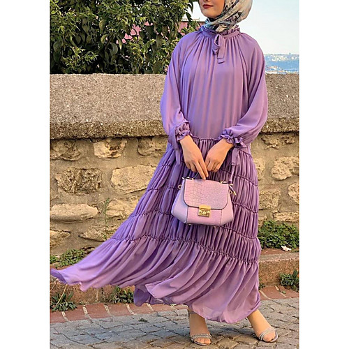 

Women's Kaftan Dress Maxi long Dress Purple Long Sleeve Solid Color Patchwork Fall Spring Round Neck Casual 2021 S M L XL