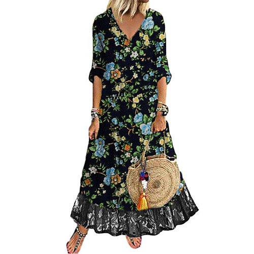 

Women's Sundress Maxi long Dress Black Half Sleeve Floral Color Block Print Fall Spring V Neck Casual 2021 S M L XL XXL 3XL