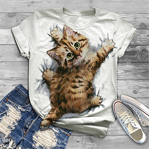 

Women's Plus Size Print Cat Graphic Animal T shirt Large Size Crewneck Short Sleeve Basic Tops XL XXL 3XL White Big Size