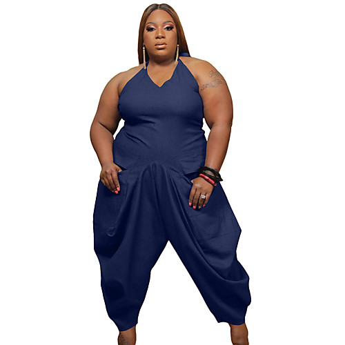 

q7167 ebay amazon europe and the united states cross-border fashion women's plus size 5xl solid color sling harlan jumpsuit